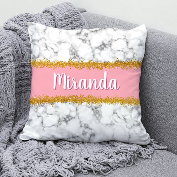 Marble Pattern On Pink With Gold Glitter Throw Pillow by DoodlesGiftShop at Zazzle