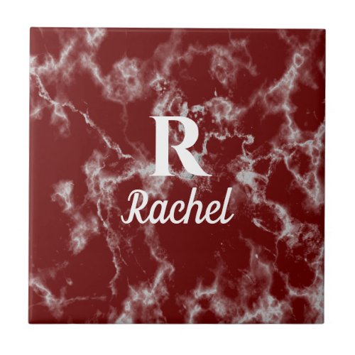 Marble Patterns Burgundy Red Monogram Initial Name Ceramic Tile