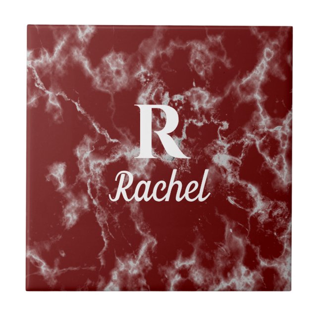 Marble Patterns Burgundy Red Monogram Initial Name Ceramic Tile (Front)