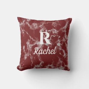 Marble Patterns Burgundy Red Monogram Initial Name Outdoor Pillow
