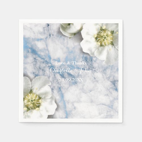 Marble Personalized Floral Gray White Blue Paper Napkins