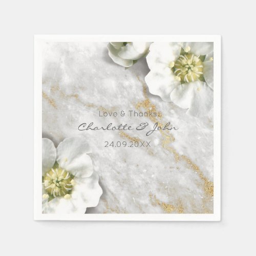 Marble Personalized Floral Gray White Gold Paper Napkins