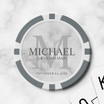 Marble Personalized Groomsmen's name&monogram Poker Chips<br><div class="desc">Add a personal touch to your wedding with personalized groomsmen poker chips. This design features personalized groomsman's name with title and wedding date in grey and monogram in light grey as background, in classic serif font style, on white marble background. Also perfect for best man, father of the bride and...</div>