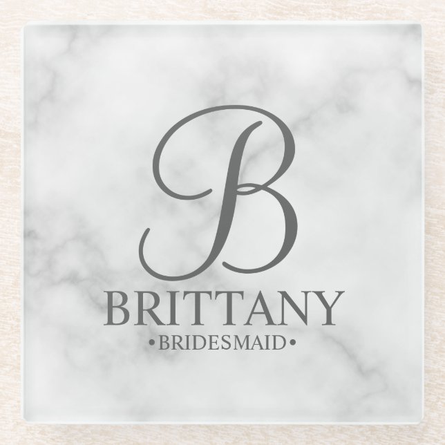 Marble Personalized Monogram and Name Bridesmaid Glass Coaster (Front)