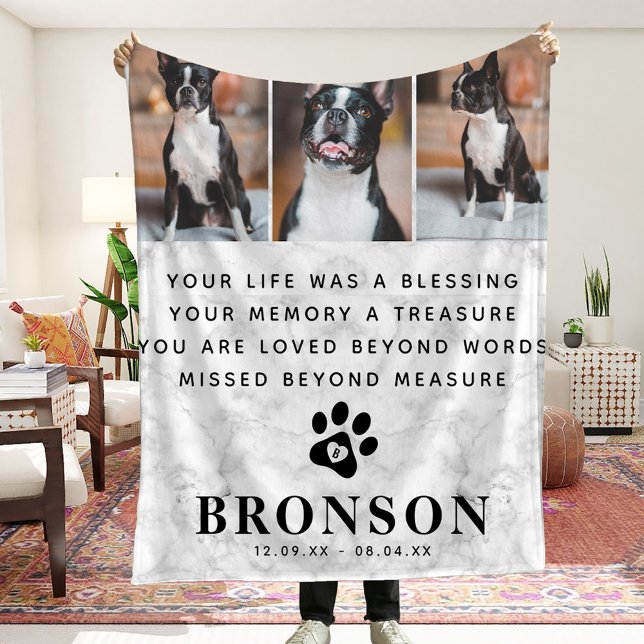 Marble Pet Loss Memorial Quote & Photo Collage Fleece Blanket (Creator Uploaded)