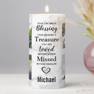 Marble Photo Collage Sympathy Quote Memorial Pillar Candle