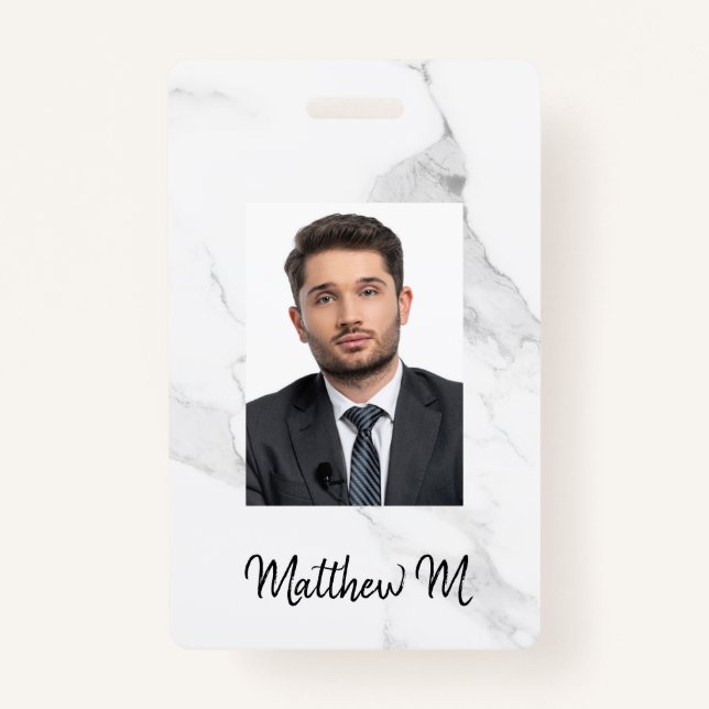 Marble photo name minimalist white gray badge (Front)
