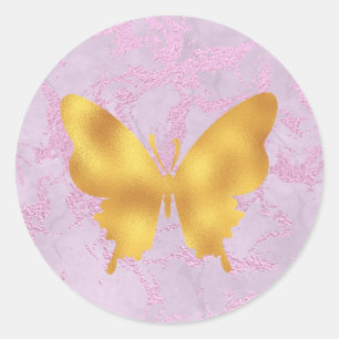 Marble Pink And Gold Butterfly Classic Round Sticker