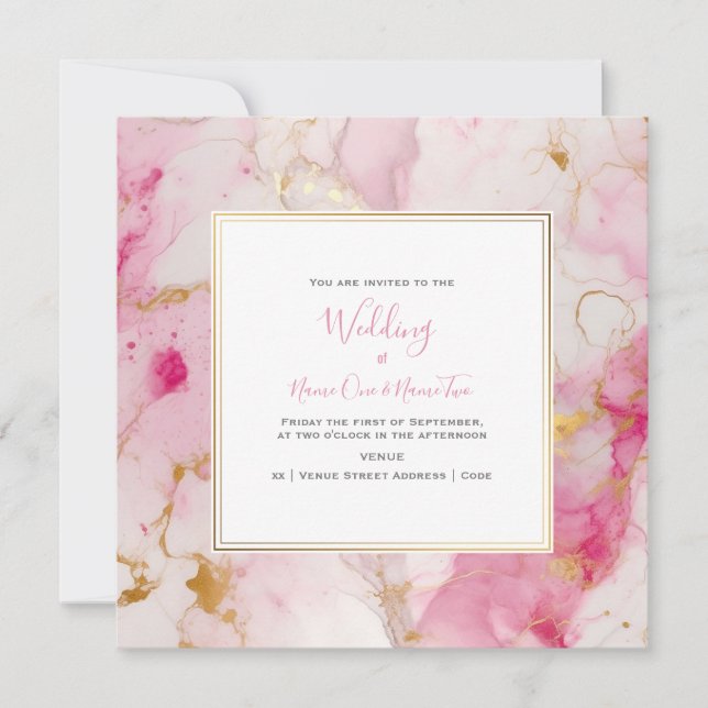 Marble pink and gold effect, wedding invitation (Front)