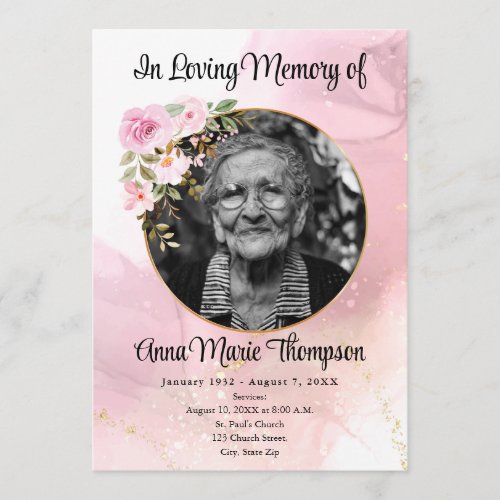 Marble Pink and Gold Floral Funeral Program