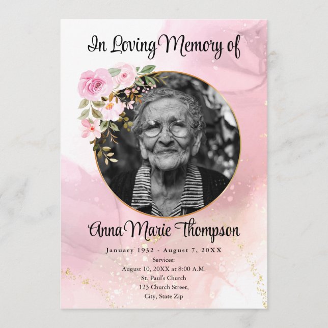 Marble Pink and Gold Floral Funeral Program (Front)