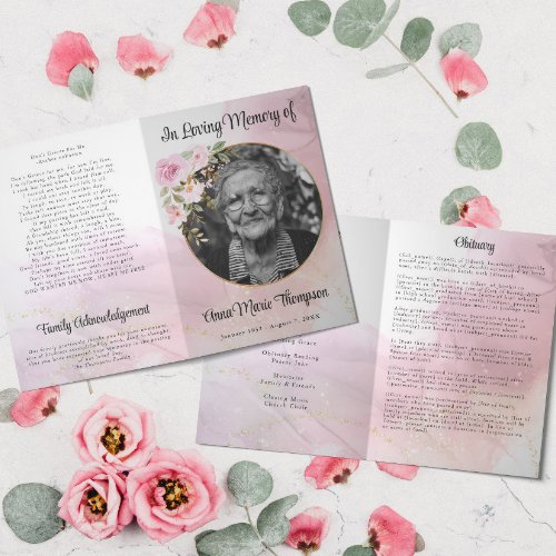 Marble Pink and Gold Floral Funeral Program