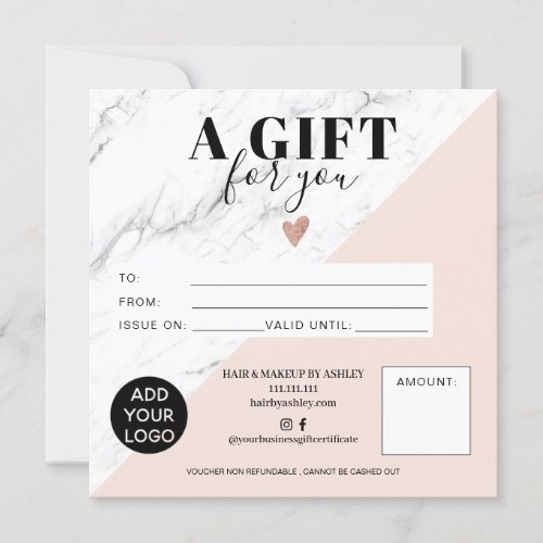 Marble pink block square gift certificate logo