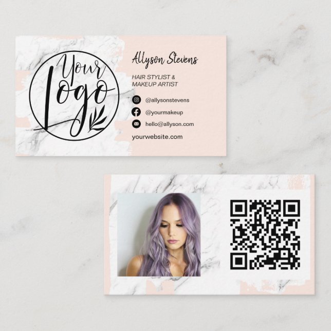 Marble pink brush hair makeup photo logo qr code business card (Front/Back)