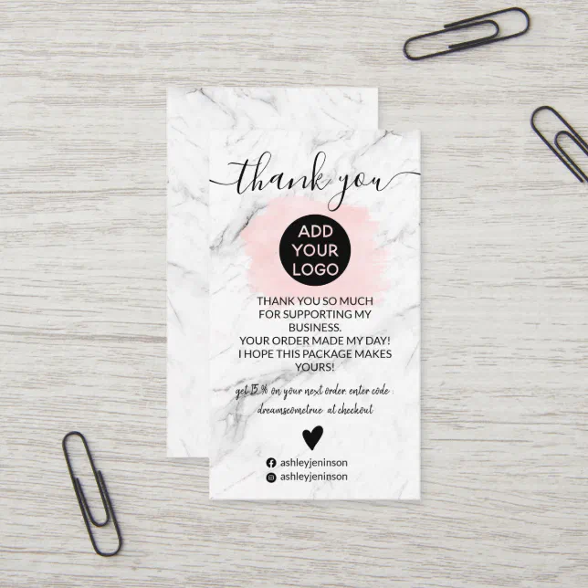 Marble pink brushstroke logo order thank you business card | Zazzle