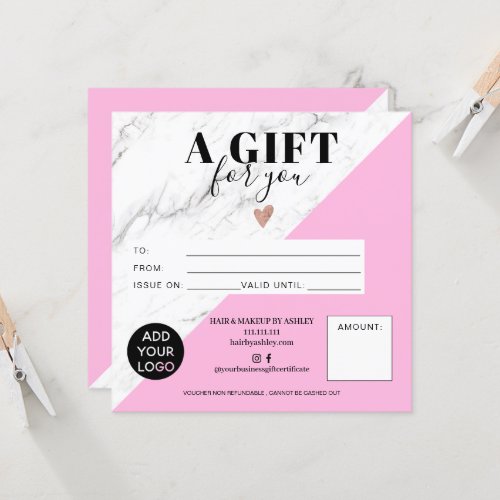 Marble pink chic square gift certificate logo