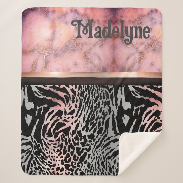 Marble Pink Chic Tiger Safari Print Customized    Sherpa Blanket (Front)