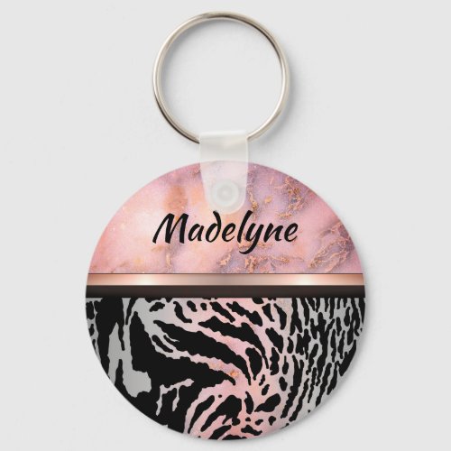 Marble Pink Chic Tiger Safari Print   Keychain