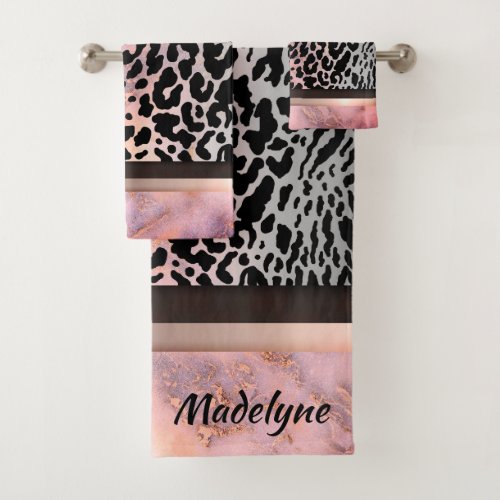Marble Pink Chic Tiger Safari Print Personalized Bath Towel Set