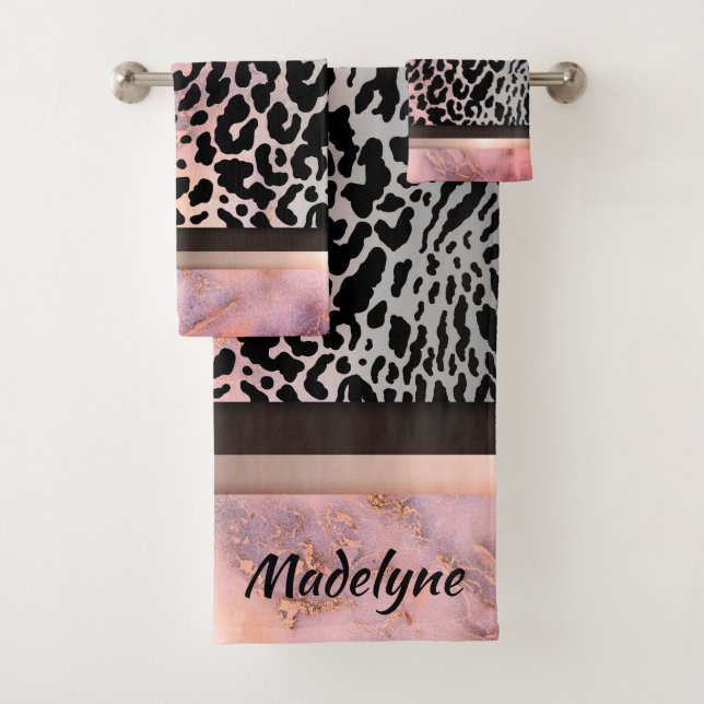 Marble Pink Chic Tiger Safari Print Personalized Bath Towel Set (Insitu)