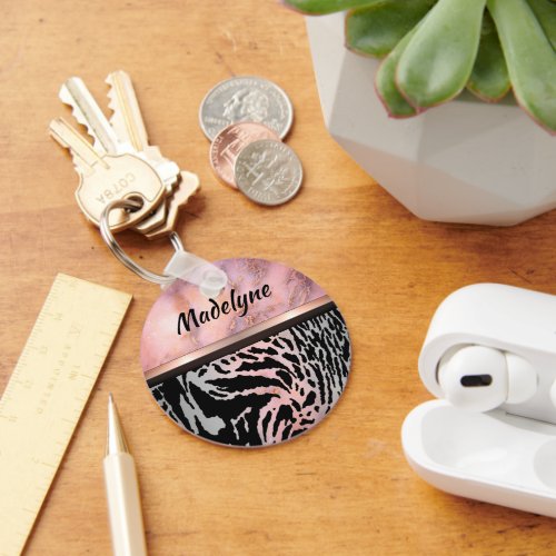 Marble Pink Chic Tiger Safari Print  Personalized Keychain