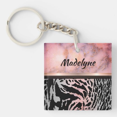 Marble Pink Chic Tiger Safari Print Personalized Keychain
