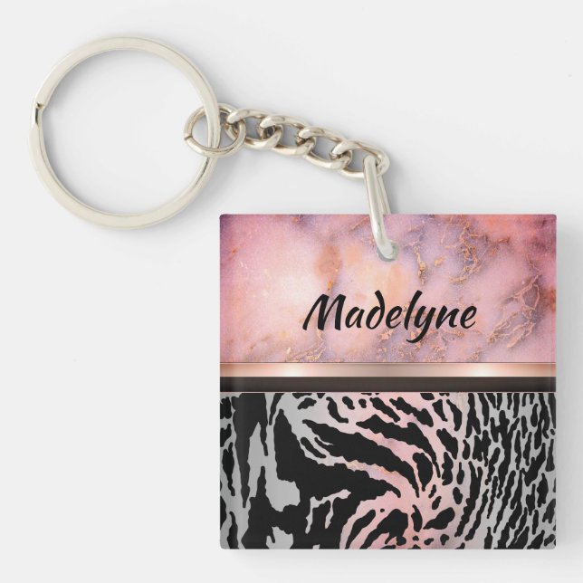 Marble Pink Chic Tiger Safari Print Personalized Keychain (Front)