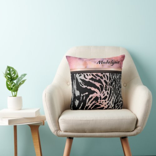 Marble Pink Chic Tiger Safari Print Personalized Throw Pillow