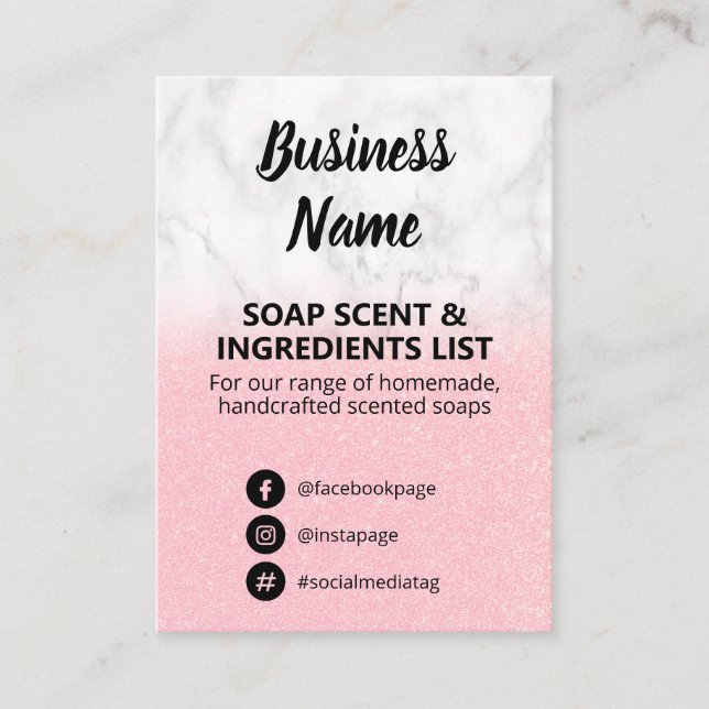 Marble & Pink Glitter Soap Scent Ingredients List Business Card (Front)
