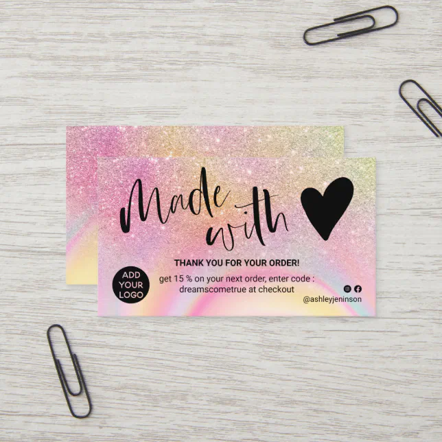 Marble pink glitter thank you made with love business card | Zazzle