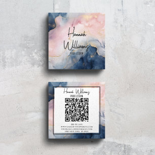 Marble Pink Navy Blue Agate QR Code Liquid Square Business Card