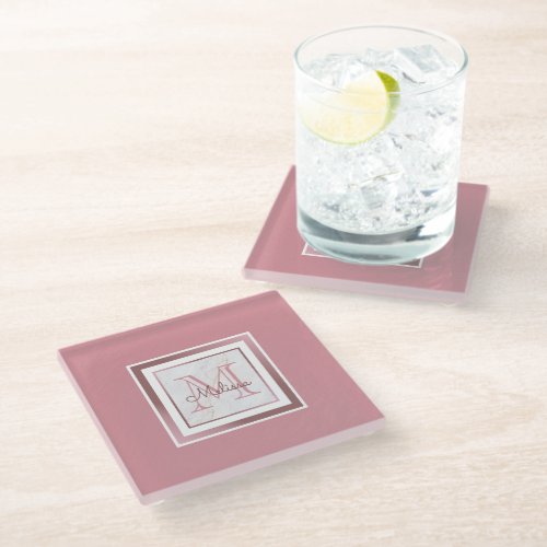 Marble Pink Rose Gold Monogram Glass Coaster