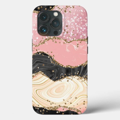 Marble Pink Sparkle Gold Glitter Agate iPhone 13 Pro Case