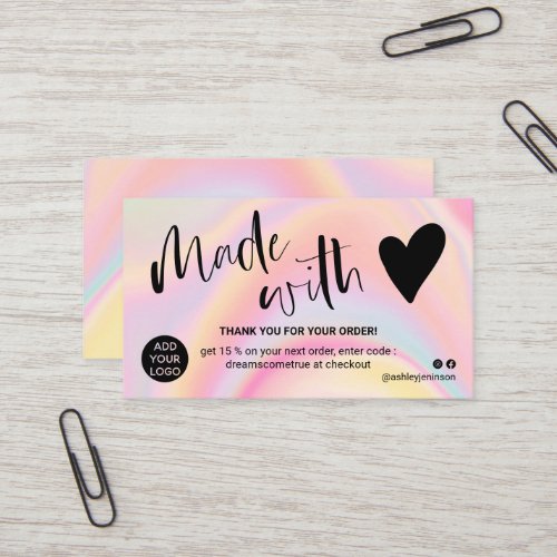 Marble pink thank you made with love business card