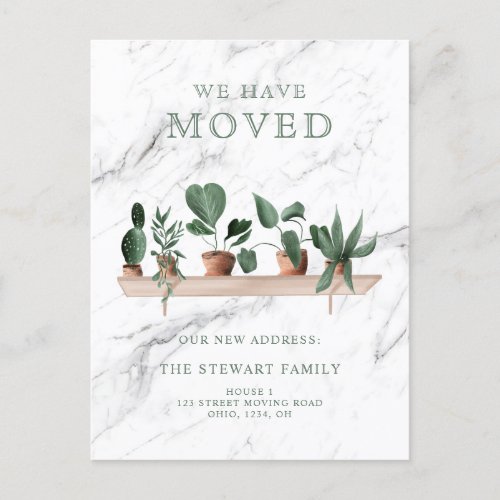 Marble plants watercolor shelf new home moving announcement postcard