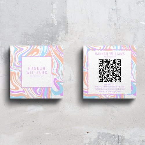 Marble Purple Pastel Agate QR Code Girly Rainbow  Square Business Card