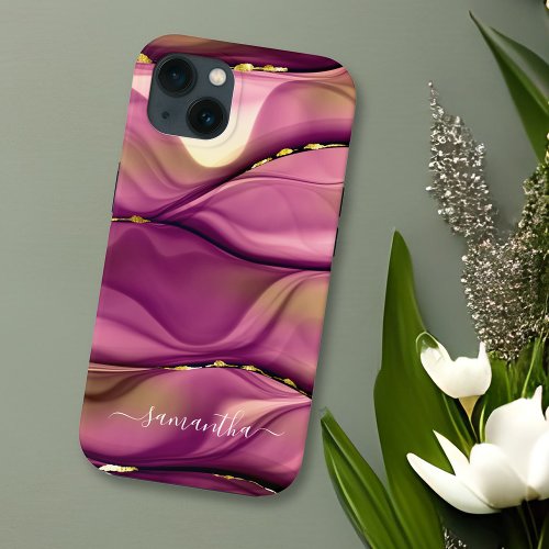 Marble Purple Rose Gold Script Monogram iPhone 13 Case