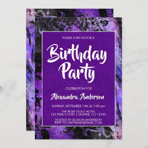 Marble Purple Space Galaxy with Stars Birthday Invitation