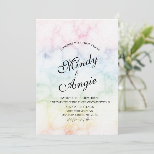 Marble Rainbow Gay Script Wedding Invitation (Standing Front)
