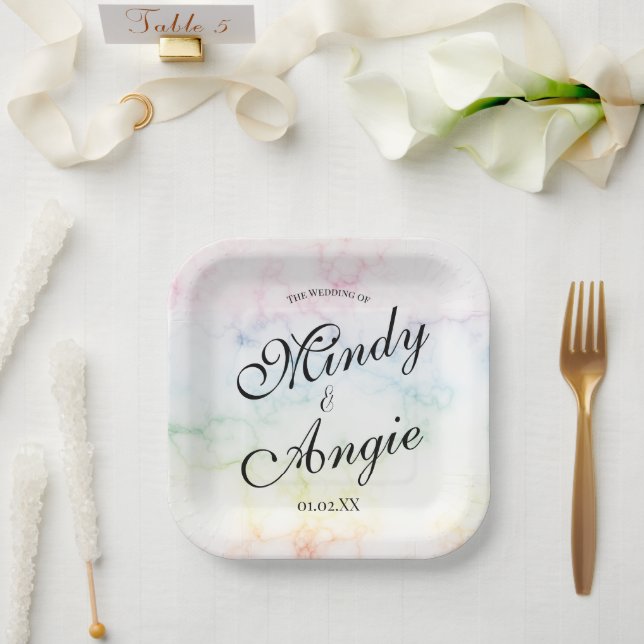 Marble Rainbow Gay Script Wedding Paper Plates (Wedding)
