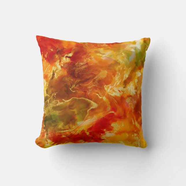 Marble re, orange, gold, green marble print pillow (Front)