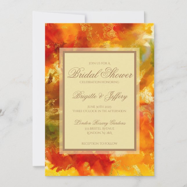 Marble red, orange, gold, yellow bridal shower save the date (Front)