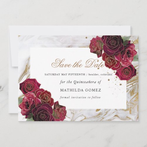 Marble Red Roses Quinceaera save the date  Invitation