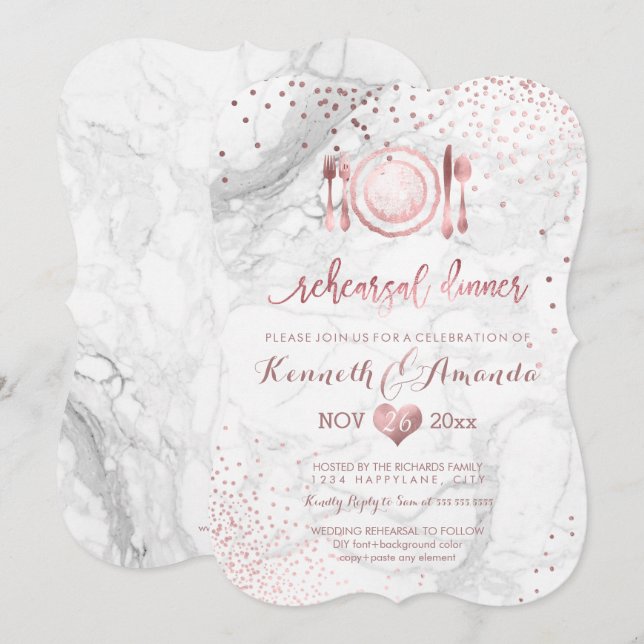 Marble Rehearsal Dinner/Marble+Faux Rose Gold Invitation (Front/Back)