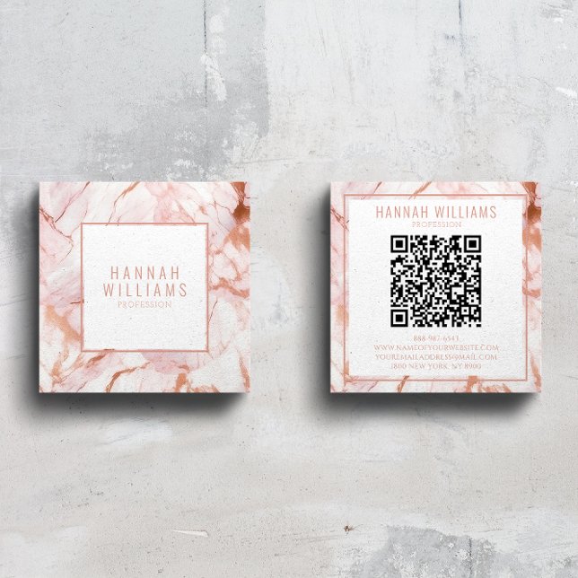 Marble Rose Gold Agate QR Code Girly Trendy Square Business Card (Creator Uploaded)