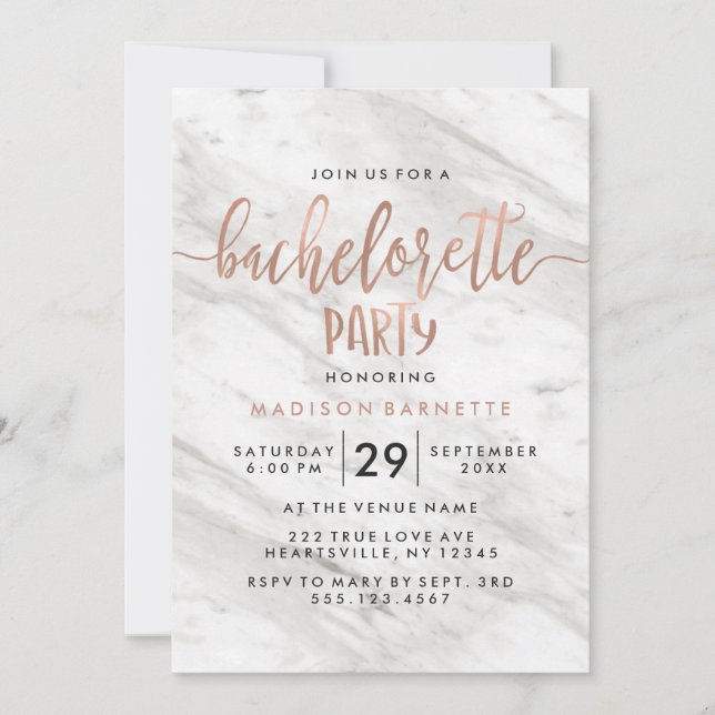 Marble & Rose Gold Bachelorette Party Invitation (Front)