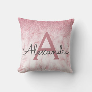 Marble Rose Gold - Blush Pink Glitter Monogram Throw Pillow