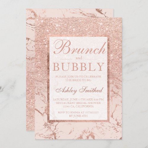 marble rose gold brunch bubbly bridal shower invitation