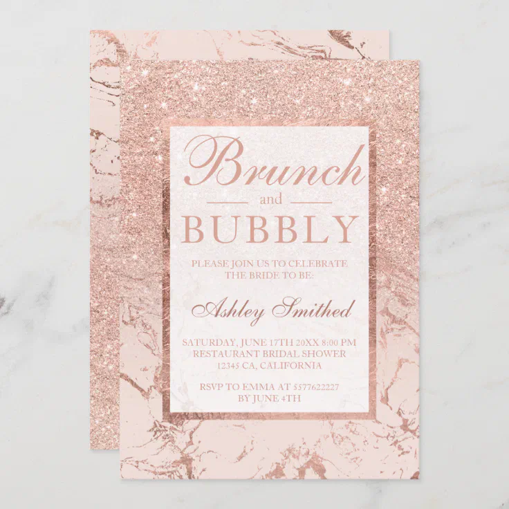 Marble Rose Gold Brunch Bubbly Bridal Shower Invitation Zazzle 9434