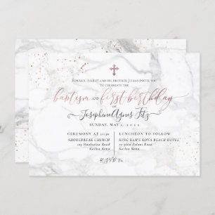Marble Rose Gold Cross Baptism 1st Birthday Invitation